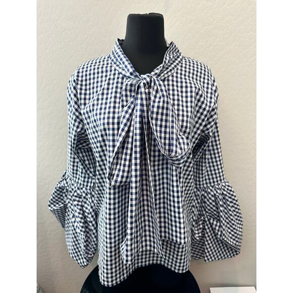 TOV | Navy Gingham Tie Front Bow Blouse Dramatic Balloon Sleeves | Size 38 - Picture 2 of 8